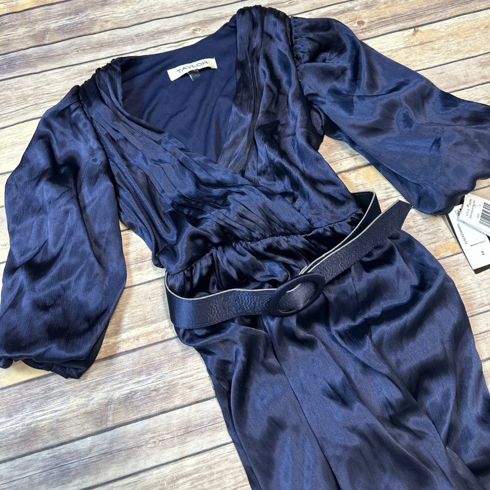 Taylor Satin Crinkle Crepe Surplice V-Neck Elbow Puff Sleeve Belted Maxi Dress 2 - Picture 6 of 9